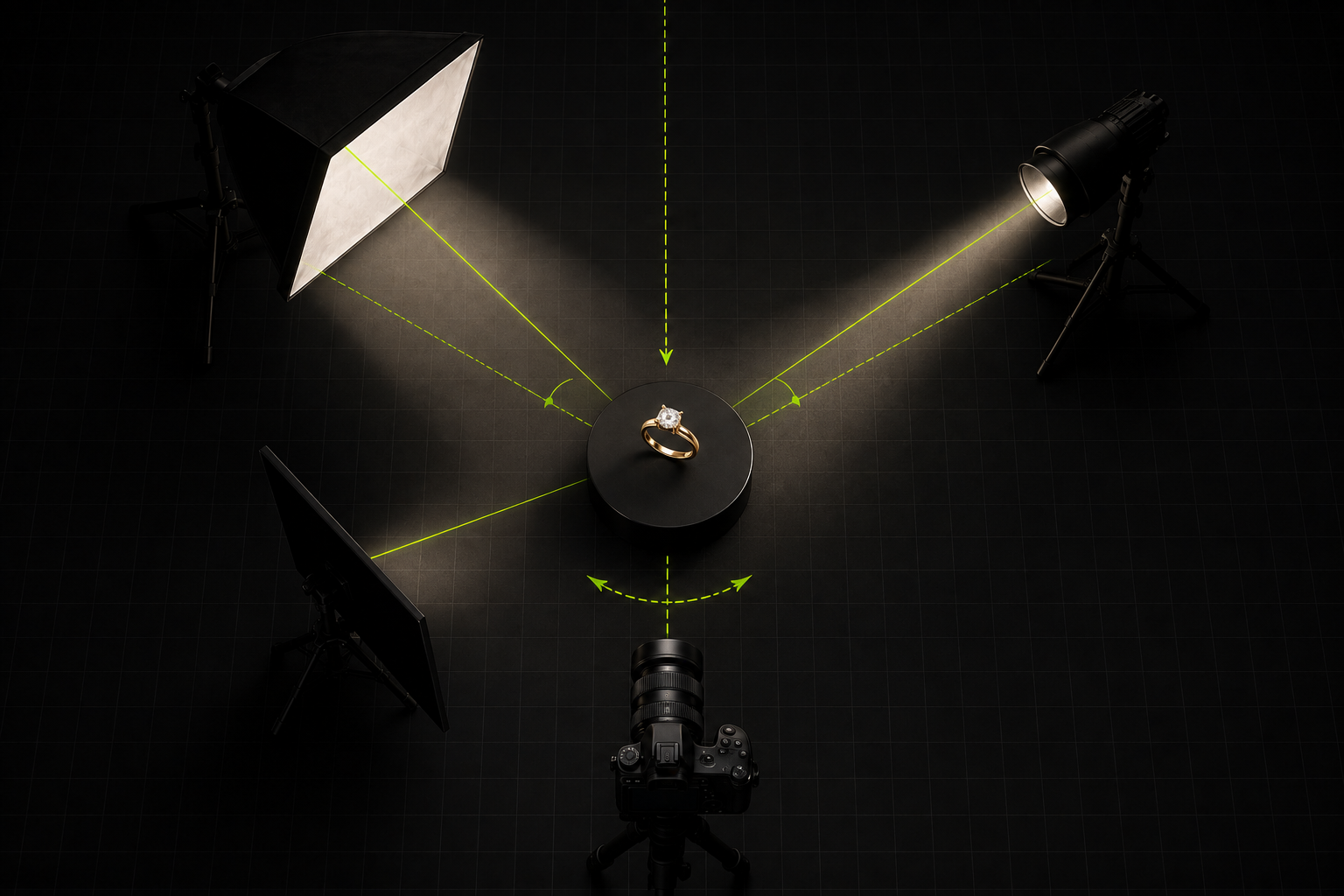 PIXHO jewelry lighting setup with controlled studio lights and camera